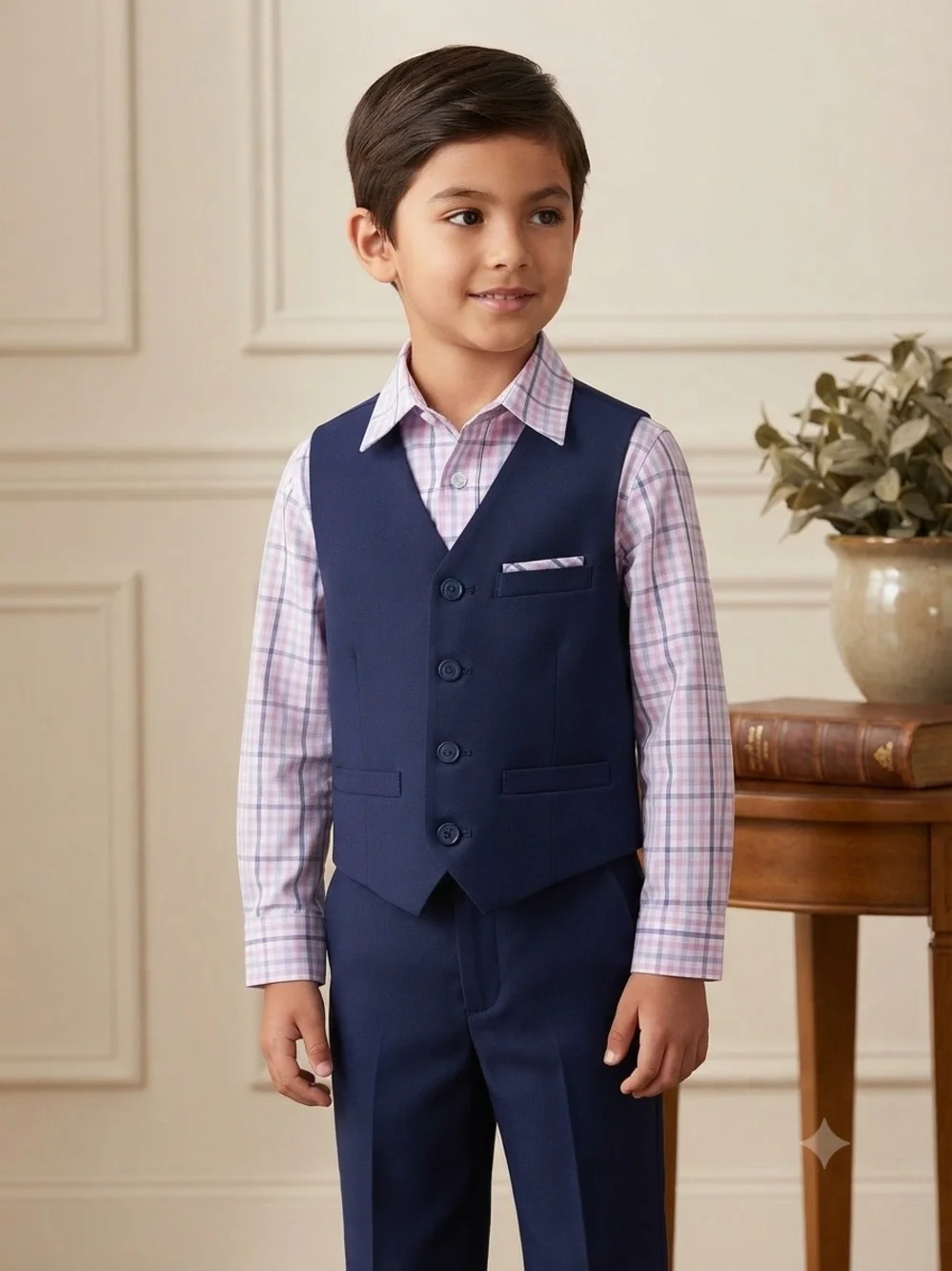Take 50% OFF- Van Heusen 3pcsBoys Navy Vest & Pants Set with Plaid Shirt, Size-6